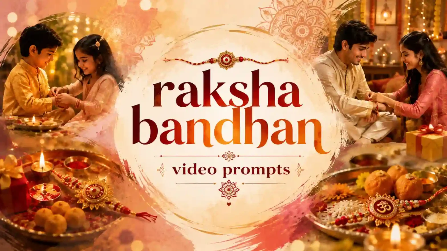 A festive banner featuring a brother and sister celebrating Raksha Bandhan as the sister ties a rakhi on her brother’s wrist, surrounded by beautifully decorated thalis.
