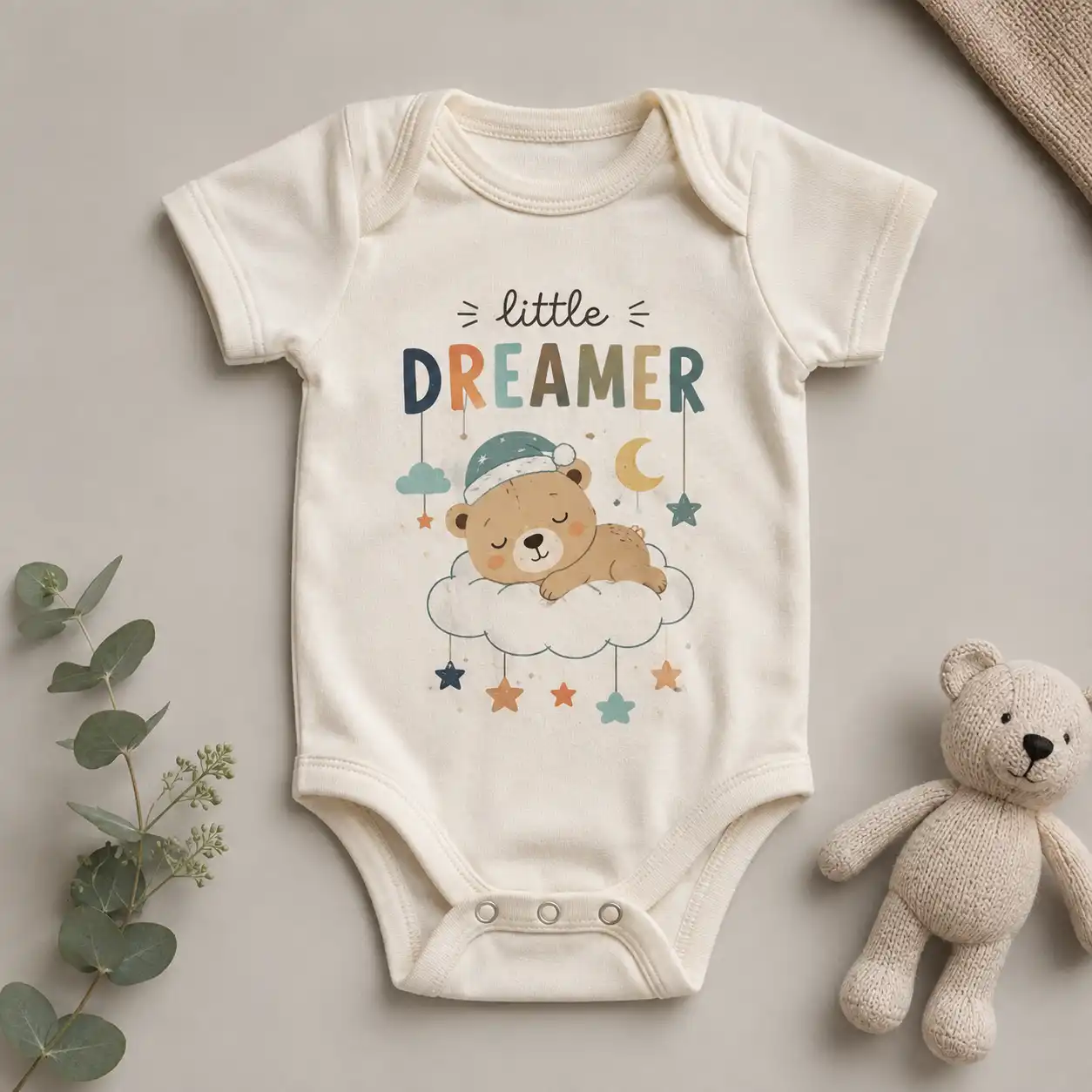 baby romper image on flat lay surface with little dremy mockup