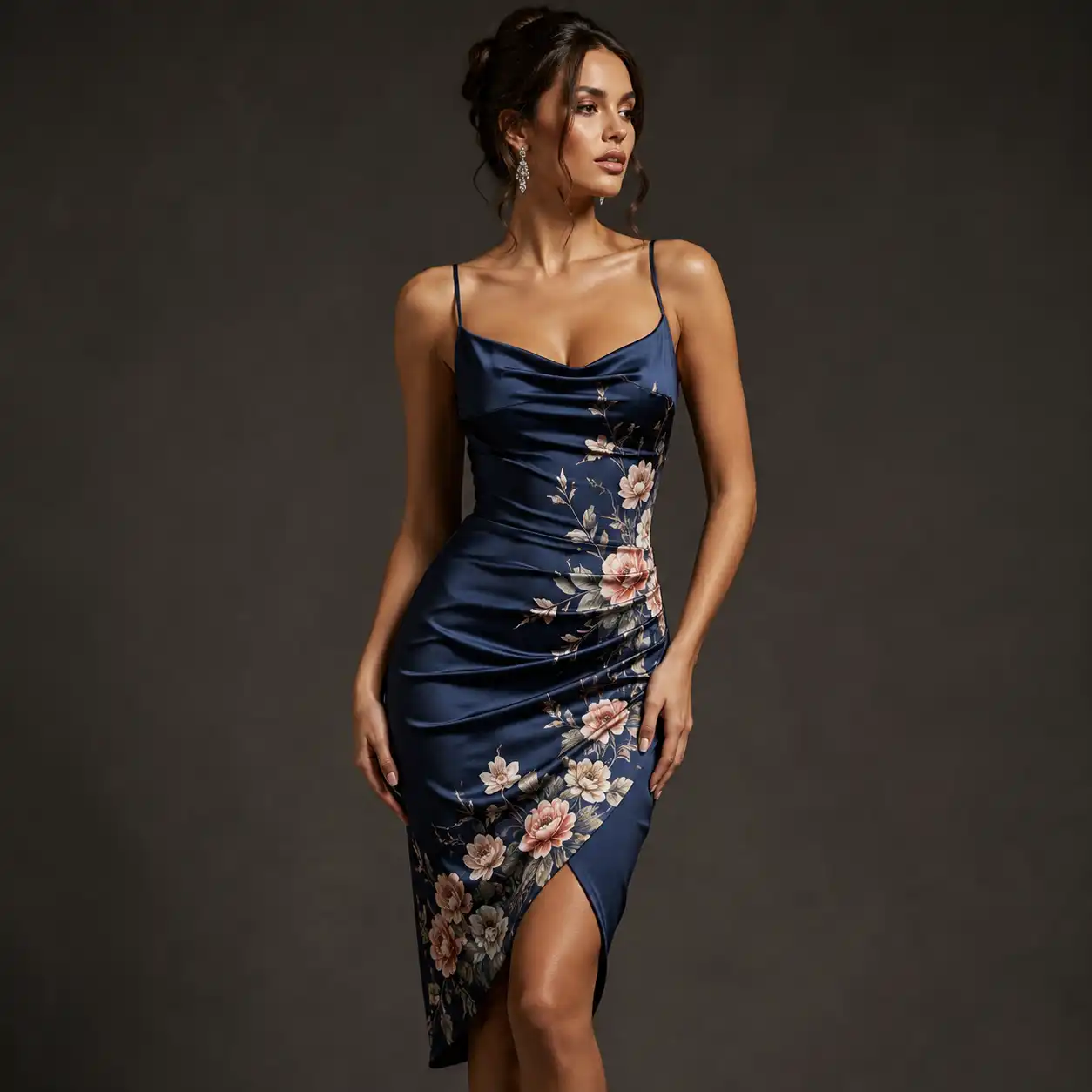 A girl wearing a bold blue floral-print dress, striking a confident pose while looking to the left side.