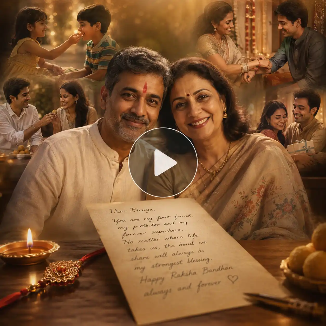 Sister writing a heartfelt Raksha Bandhan letter that transitions into warm memories of the siblings together.