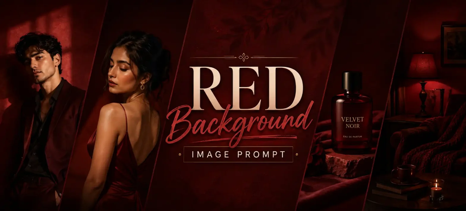 Red background image prompt banner featuring a man, woman, product, and moody red interior in rich burgundy tones.