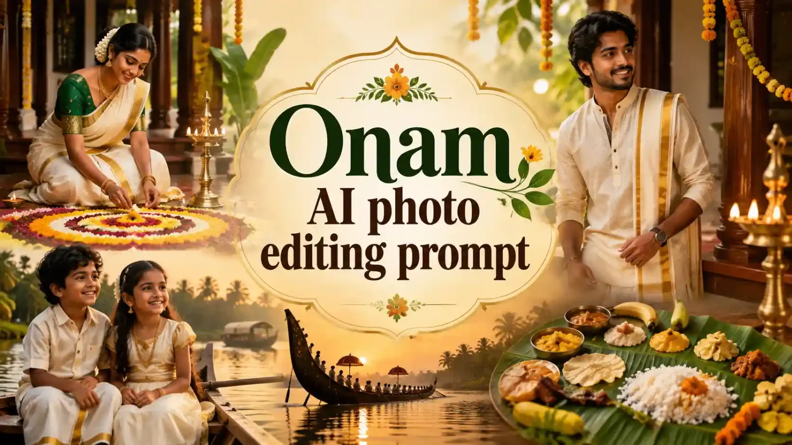 Onam AI photo editing prompt banner featuring Kerala traditional attire, Pookalam, children, Onasadya, a snake boat, and festive Nilavilakku lamps.