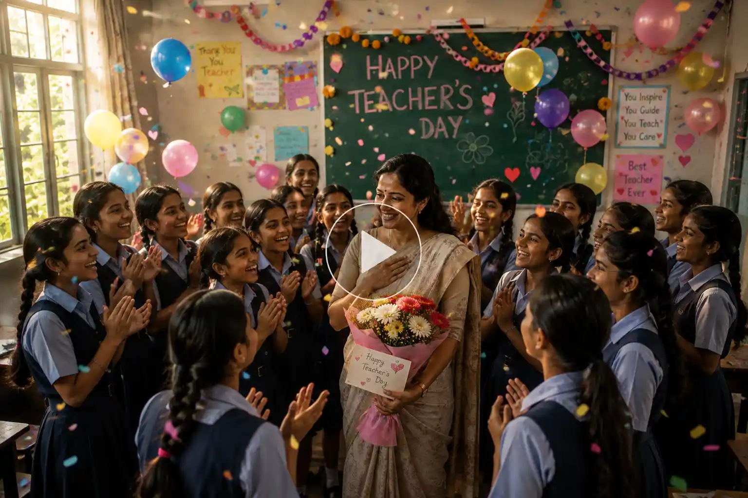 Female teacher celebrates Teachers' Day with students.