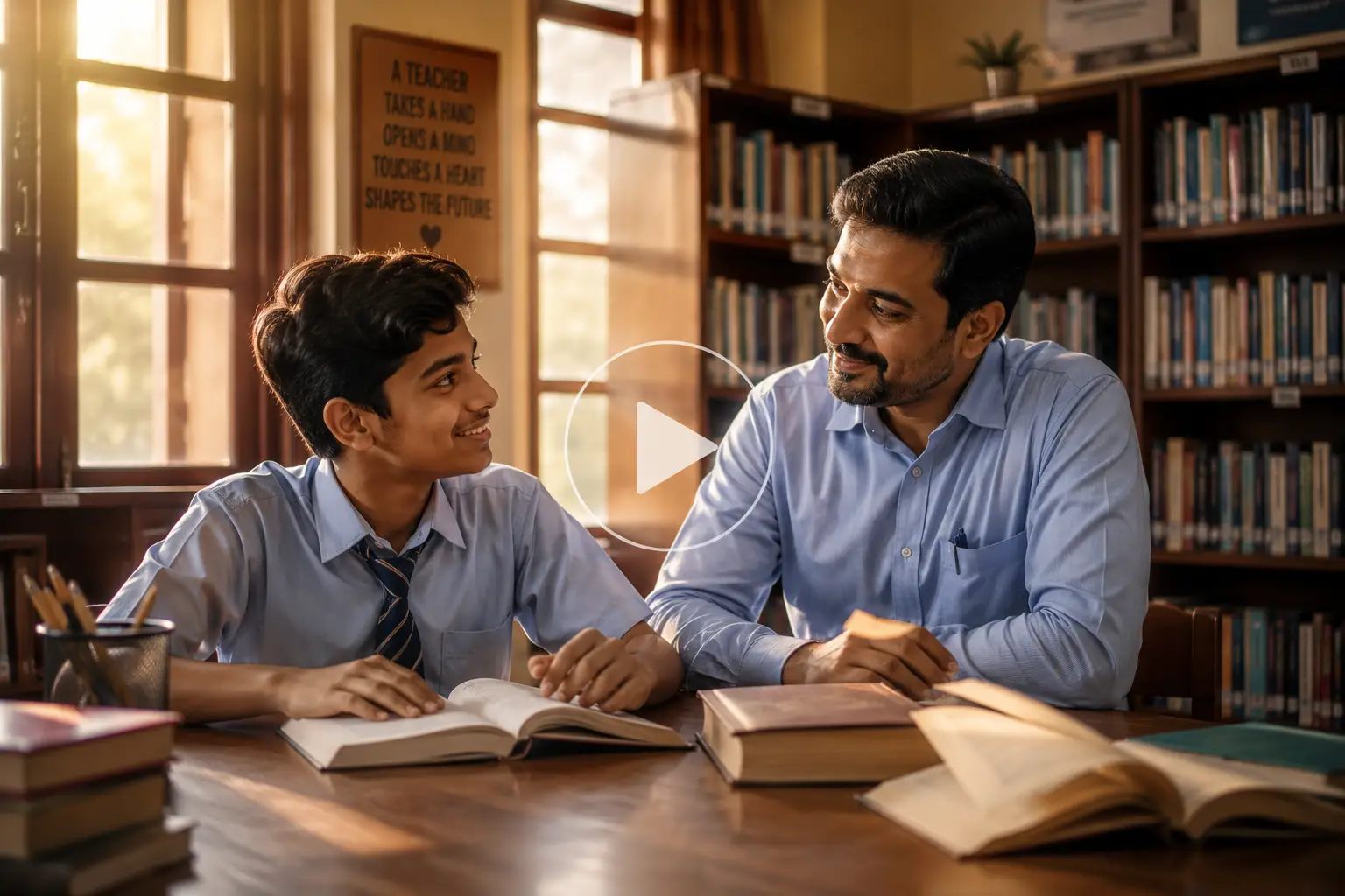 Male teacher and student share a warm library moment.