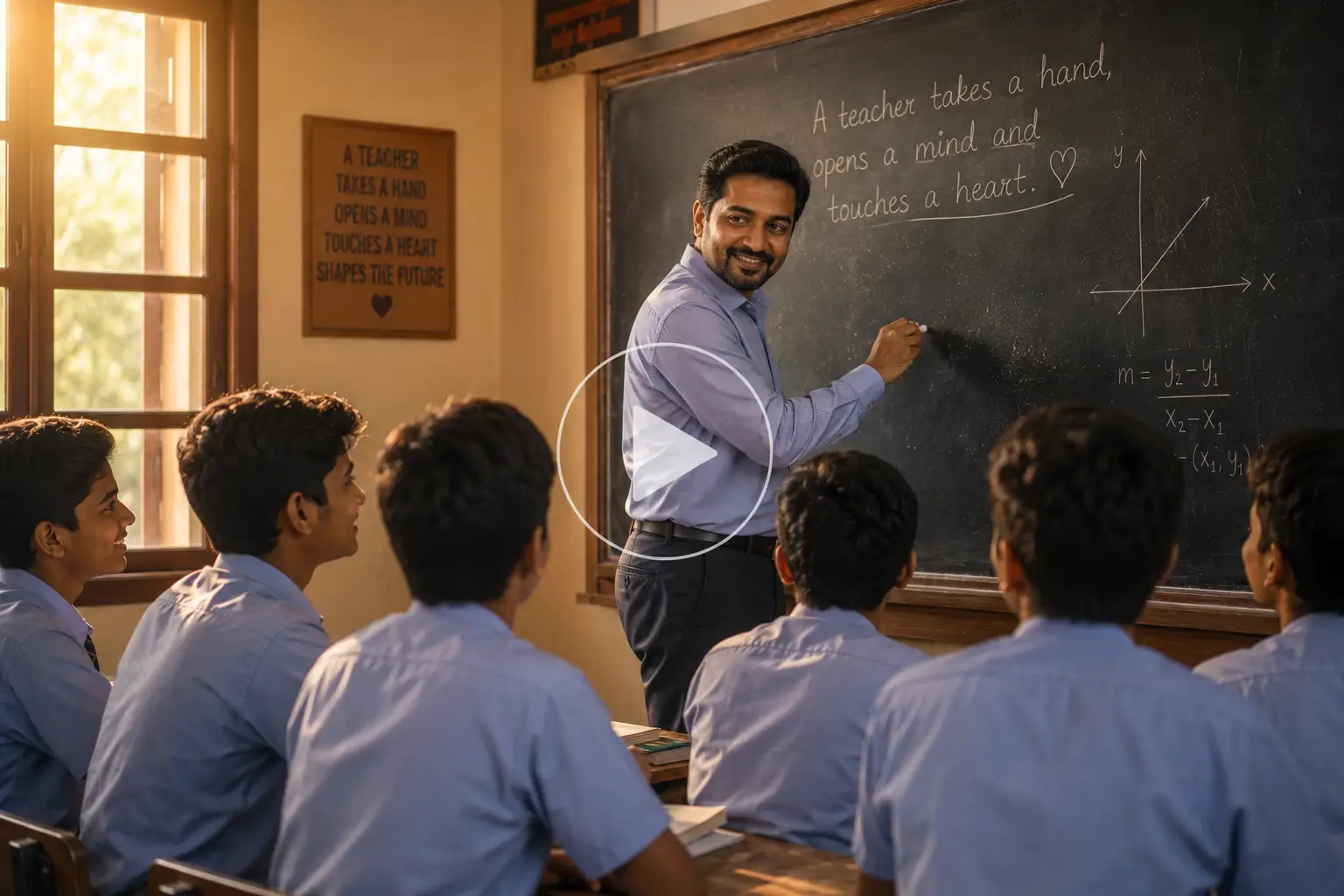 Male teacher teaches students at a classroom blackboard.