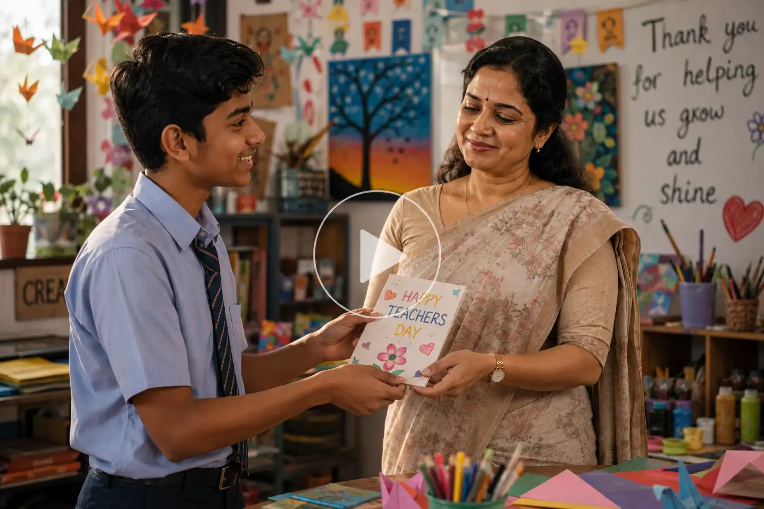 Female teacher receives a handmade card from a student.