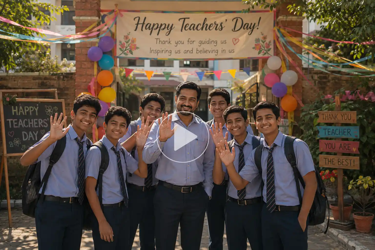 Male teacher and students give a cheerful Teachers' Day greeting.