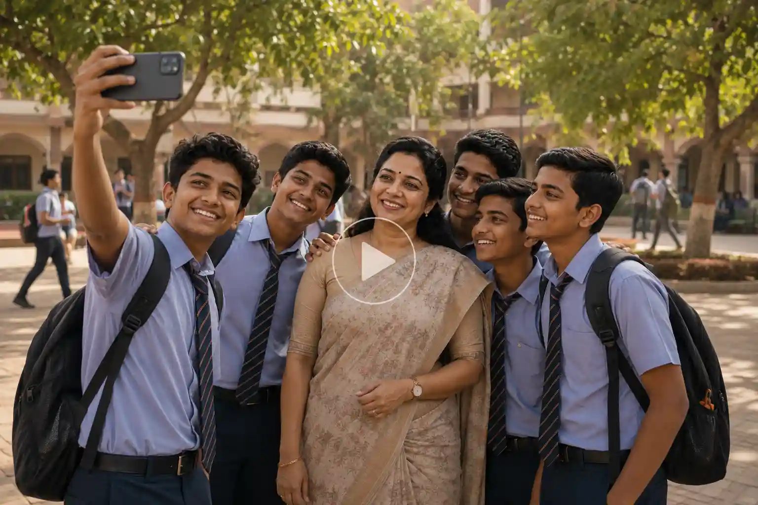 Female teacher takes a fun selfie with students.