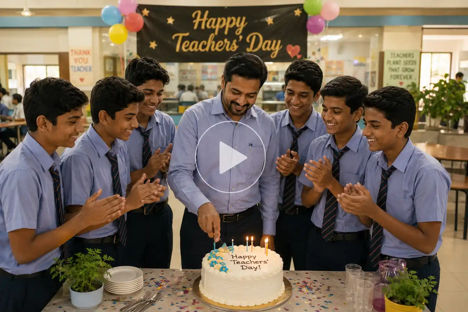 Male teacher cuts a Teachers Day cake with students.