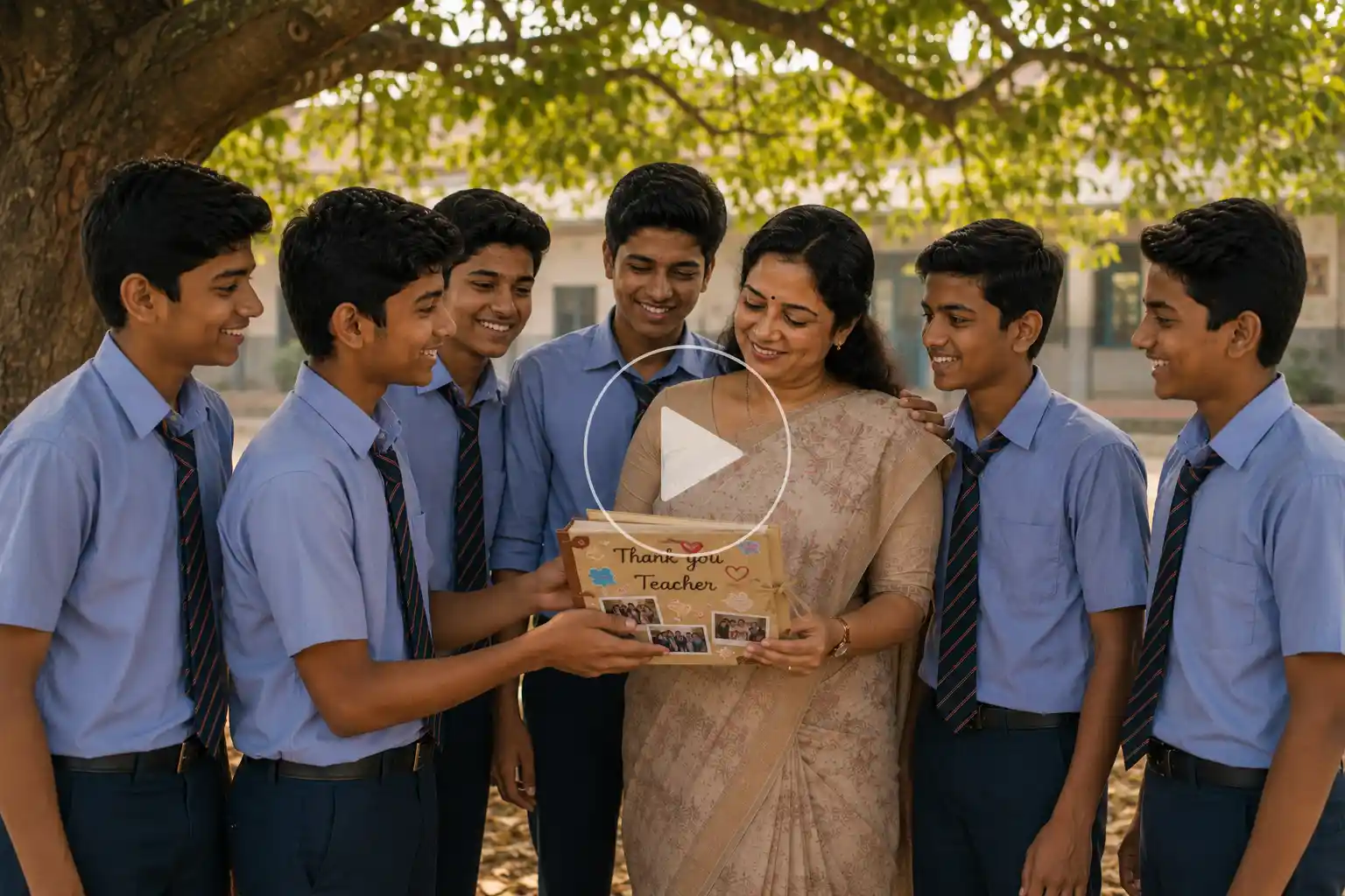 Female teacher receives a memory book from students