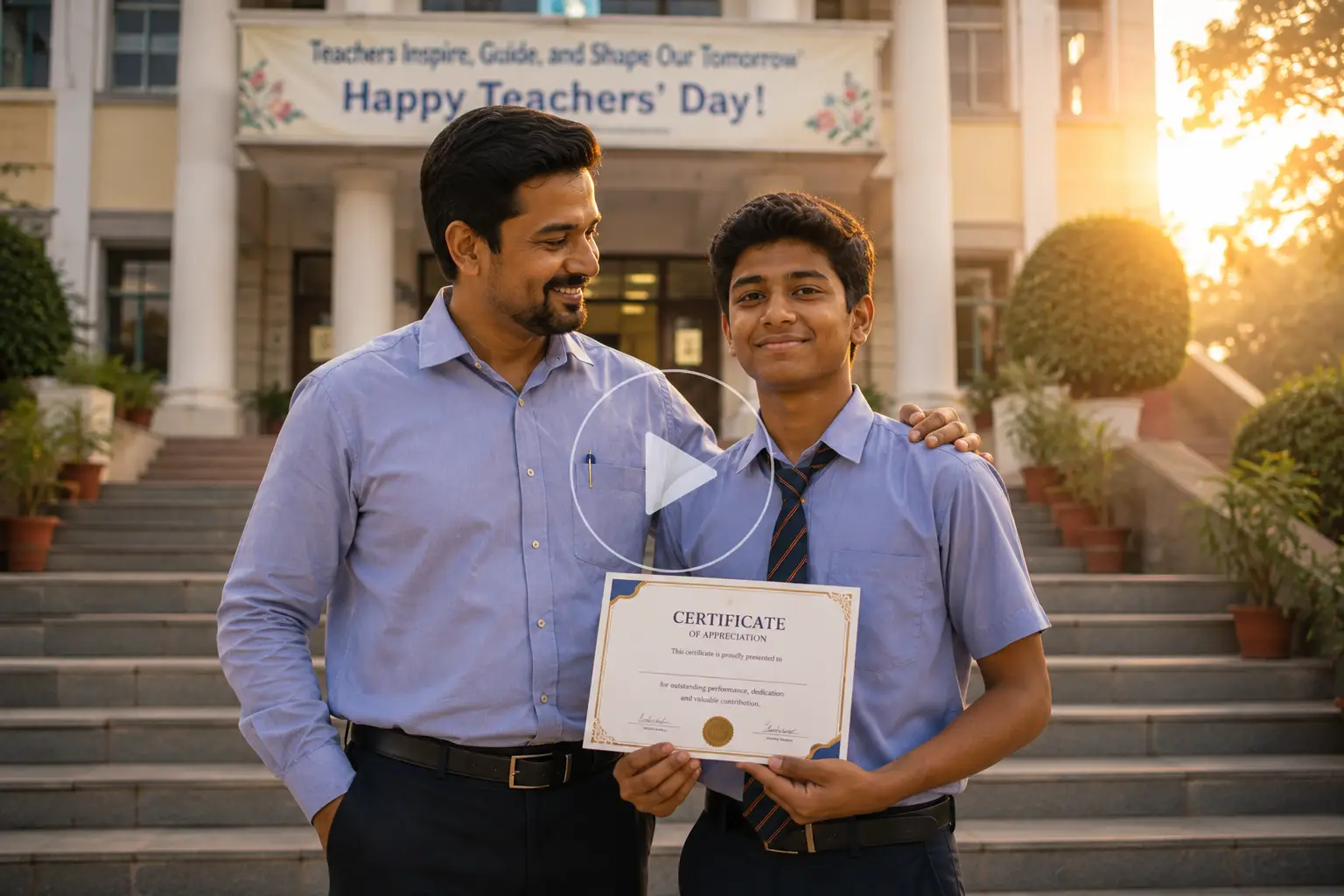 Male teacher proudly stands with a student holding a certificate.