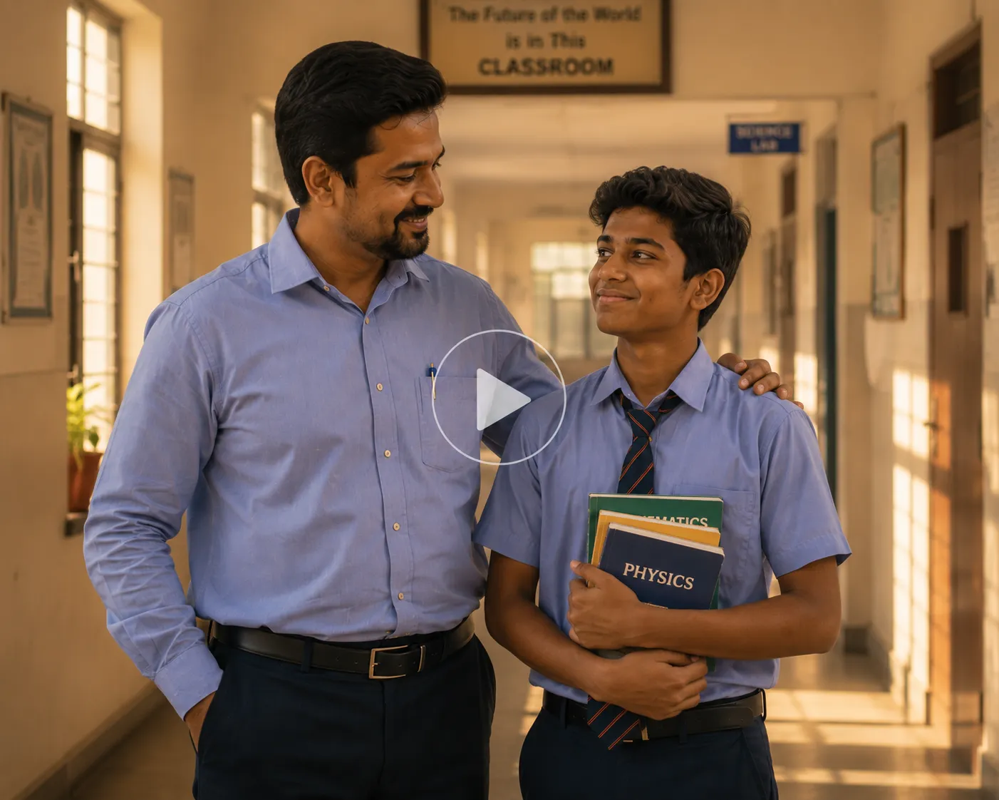 Male teacher smiles proudly at a student in a school corridor.