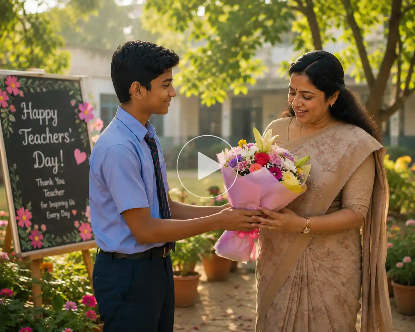 Student gives flowers to an Indian female teacher.