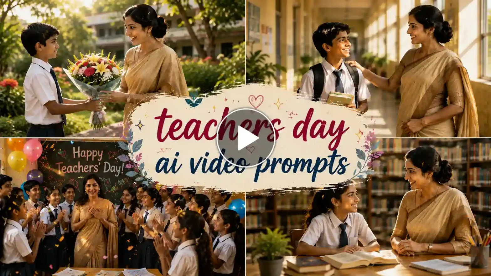 A Teachers’ Day banner image featuring four distinct teacher-student scenes arranged in separate sections
