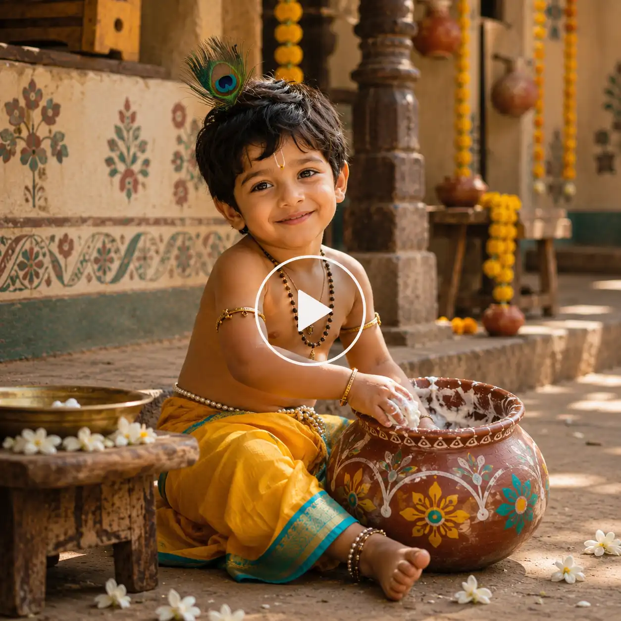 Four-year-old boy dressed as Bal Krishna reaching into a decorated butter pot in a warm traditional Gokul courtyard.