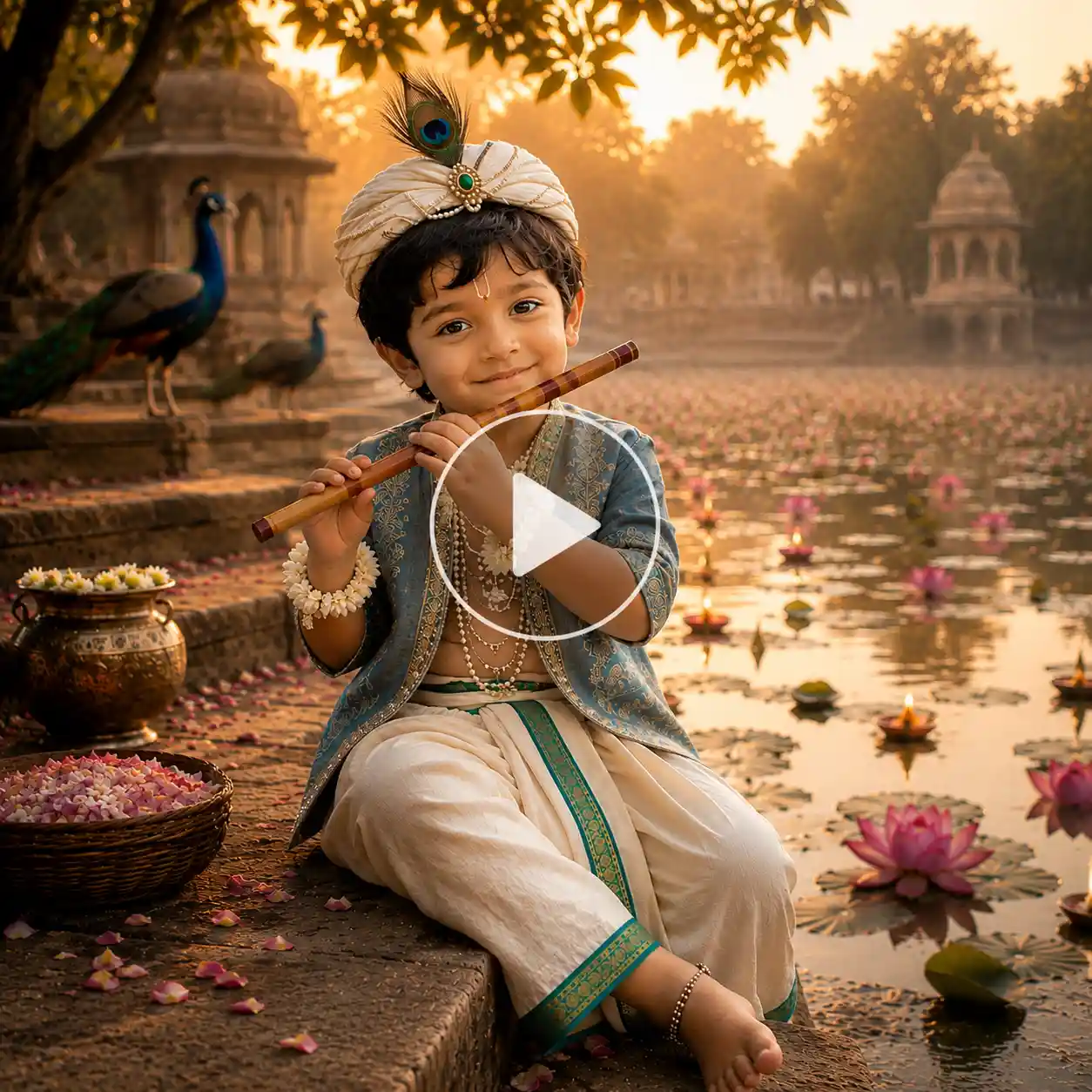 Six year old boy dressed in Krishna inspired attire holding a flute beside a peaceful lotus pond at golden sunrise.