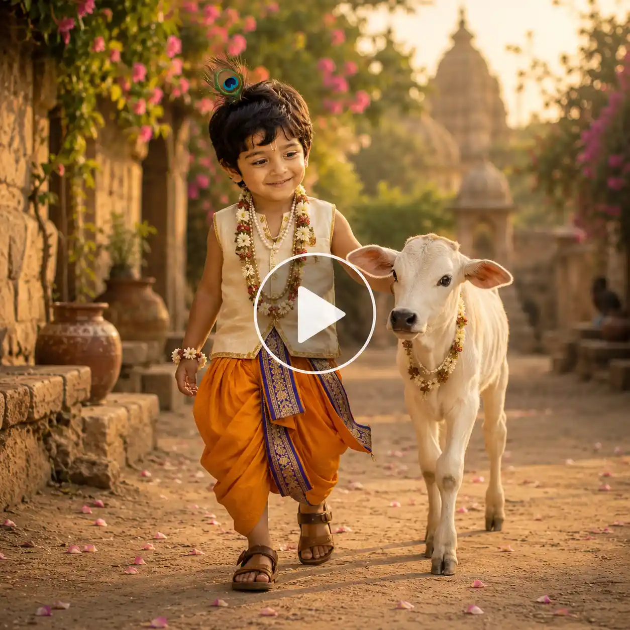 Young boy in festive Krishna-inspired clothing walking beside a white calf along a golden hour Vrindavan village path.