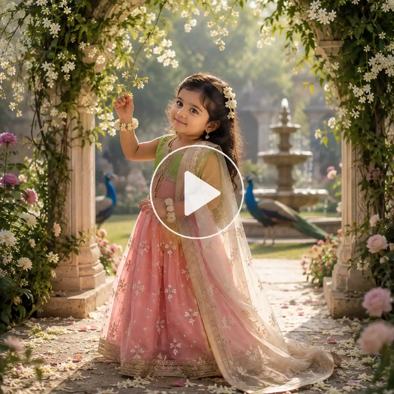 Three year old girl in a pink lehenga touching jasmine flowers while walking through a beautiful Vrindavan inspired garden.