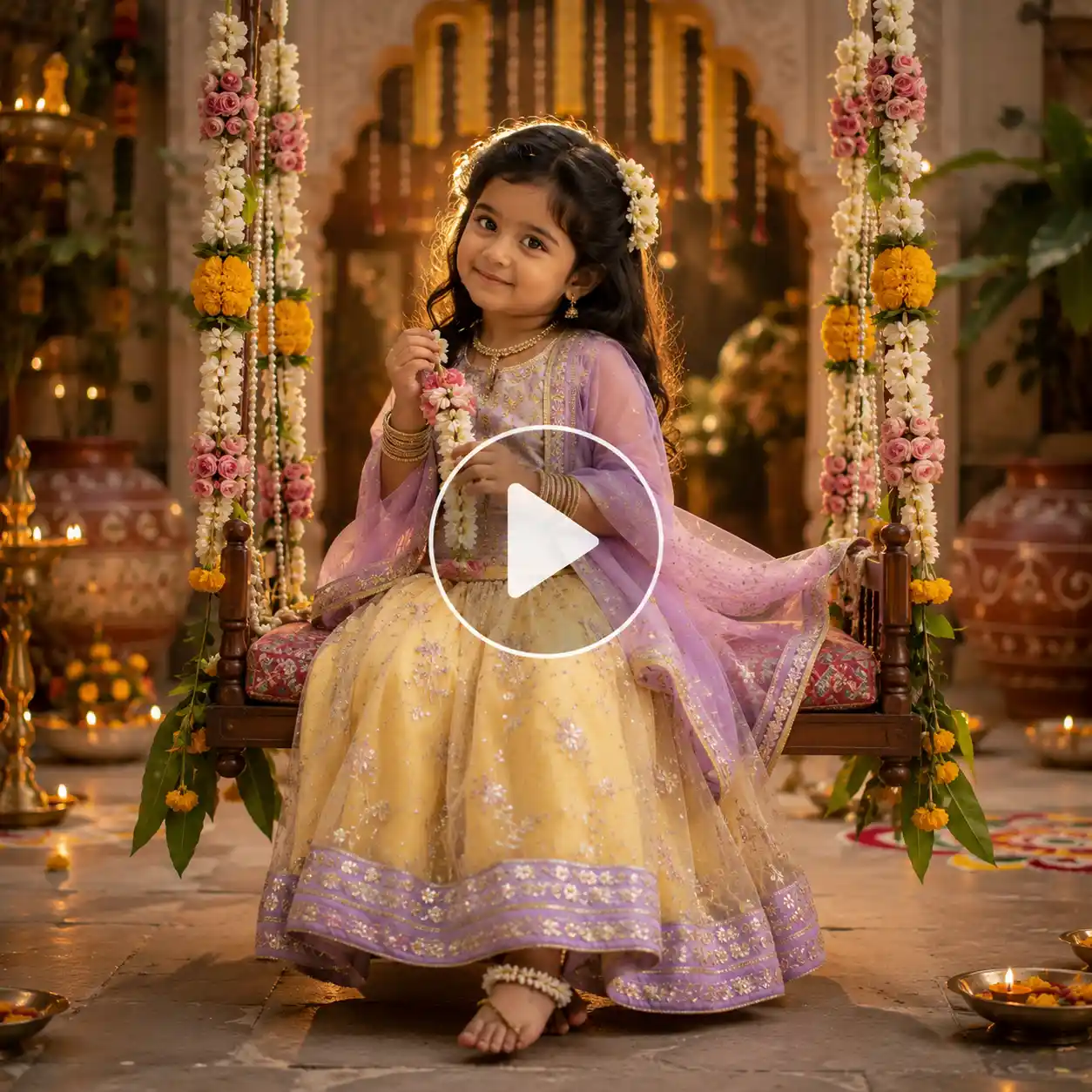 Six year old girl in a lavender and yellow lehenga sitting on a flower decorated traditional jhula during Janmashtami.