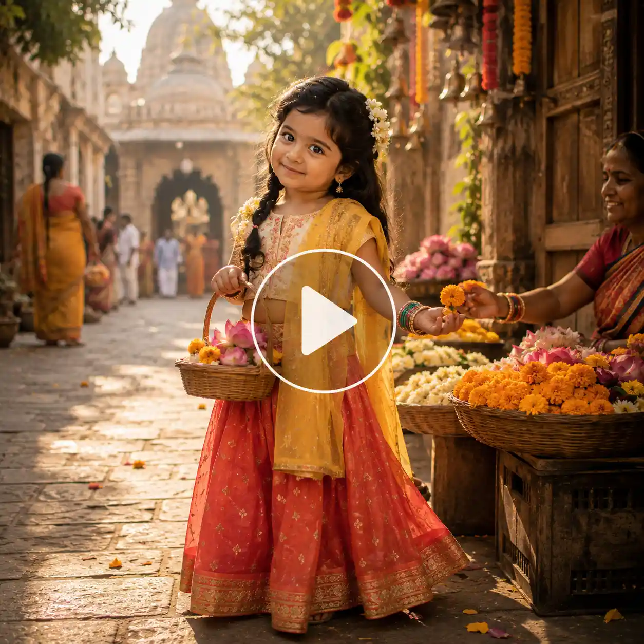 Five year old girl carrying a flower basket beside a colorful flower stall on a peaceful temple lane during sunrise.