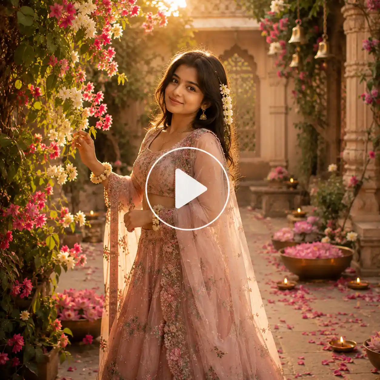 Young woman in an elegant dusty rose lehenga walking through a flower filled Vrindavan inspired heritage courtyard.