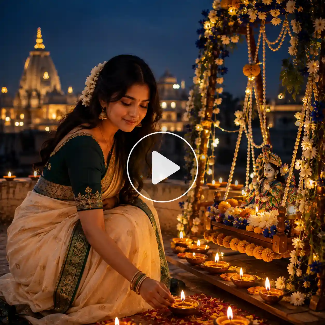 Young woman in an ivory saree lighting a diya beside a beautifully decorated Krishna jhula on a rooftop at night.