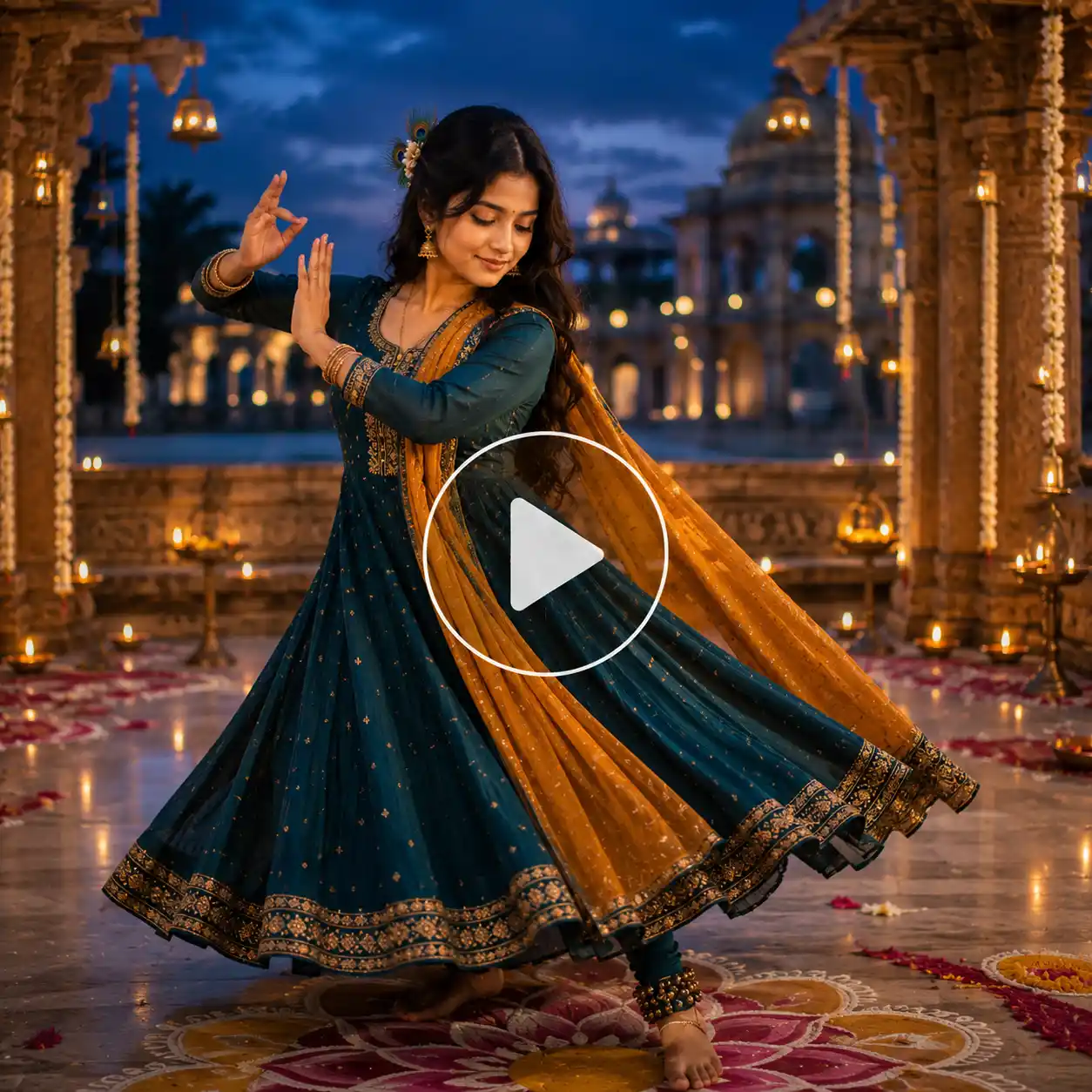 Young woman in a deep teal Anarkali performing a graceful classical dance in a diya lit heritage palace courtyard.