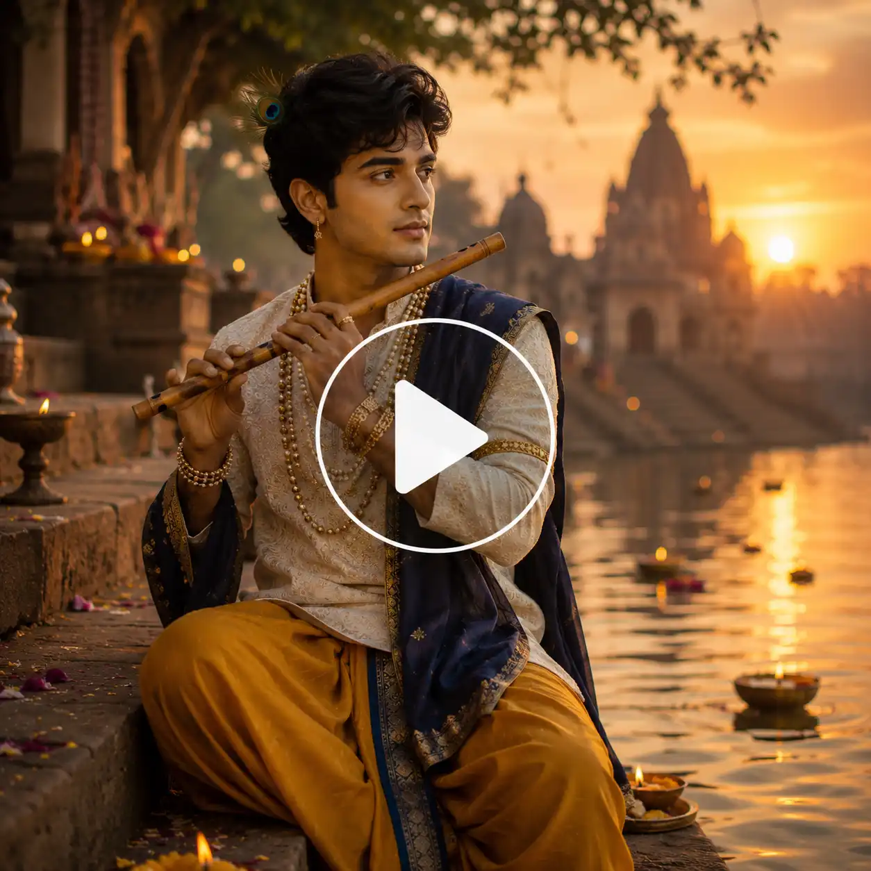 Young man in Krishna inspired traditional attire holding a wooden flute beside peaceful sandstone ghats at sunset.