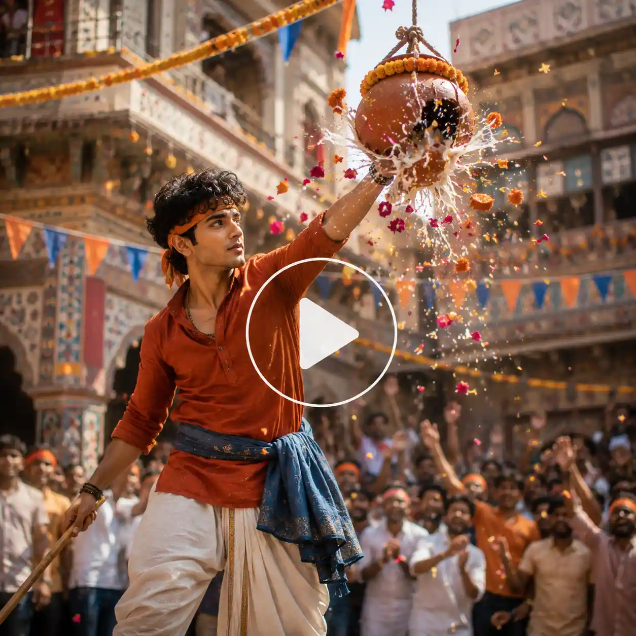 Young man breaking a traditional Dahi Handi as flower petals and curd fall during a lively Janmashtami celebration.