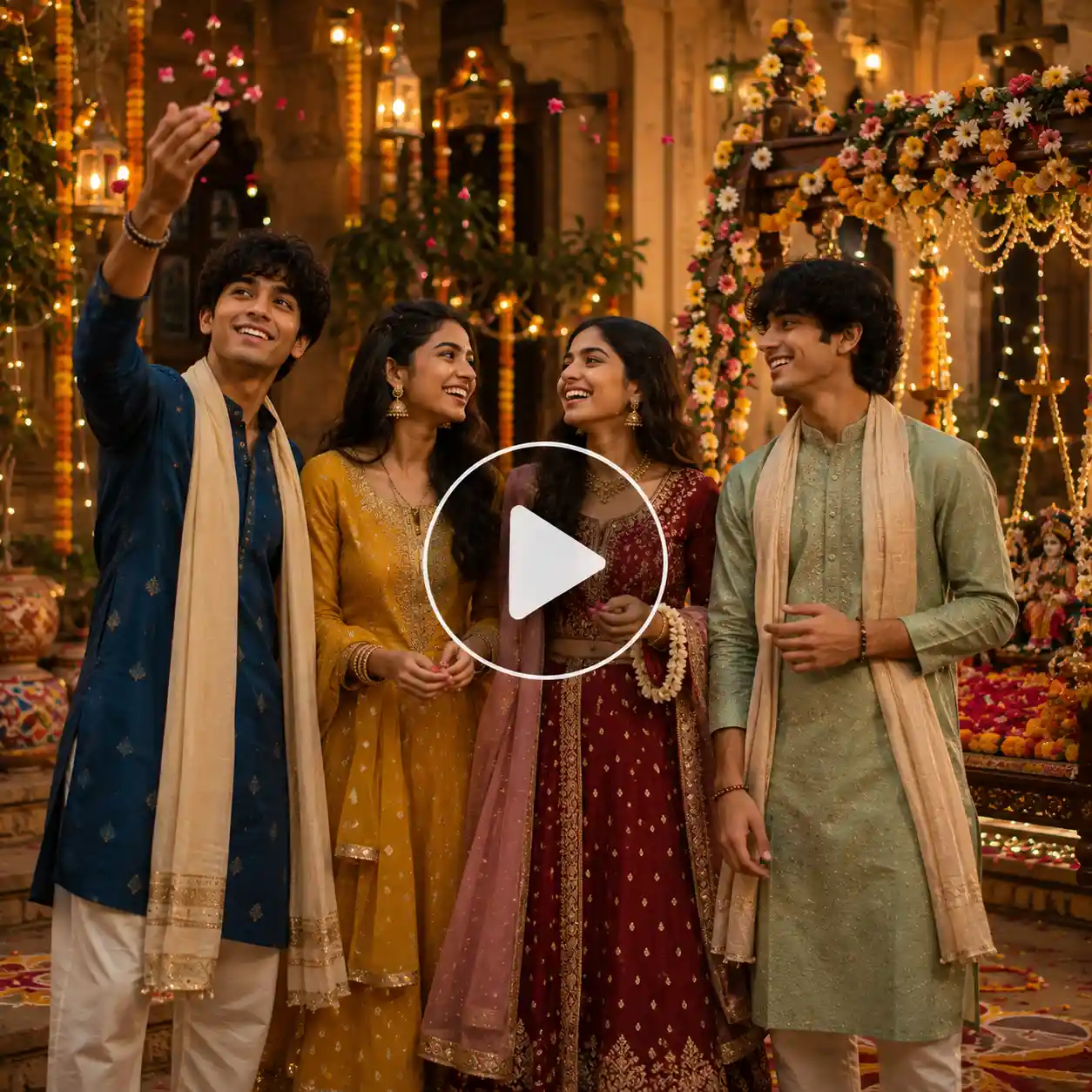 Four young friends in colorful traditional outfits celebrating Janmashtami together inside a decorated heritage haveli.
