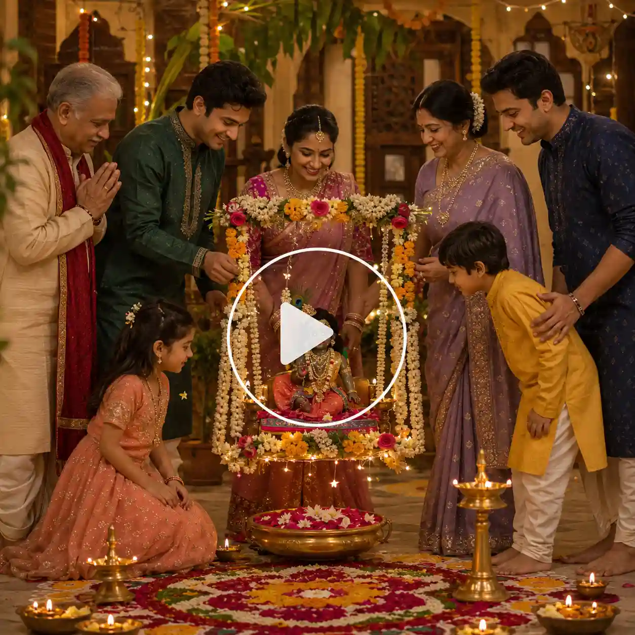 Indian family gathered around a flower-decorated Krishna jhula during a warm traditional Janmashtami celebration at home.