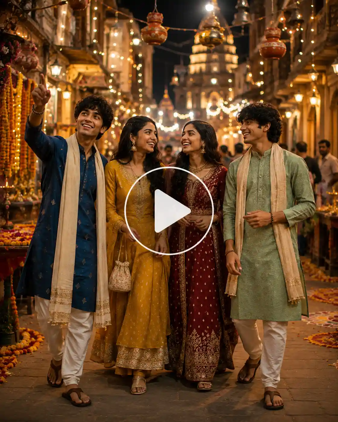 Four young friends in festive traditional outfits walking together through a brightly decorated Janmashtami street.