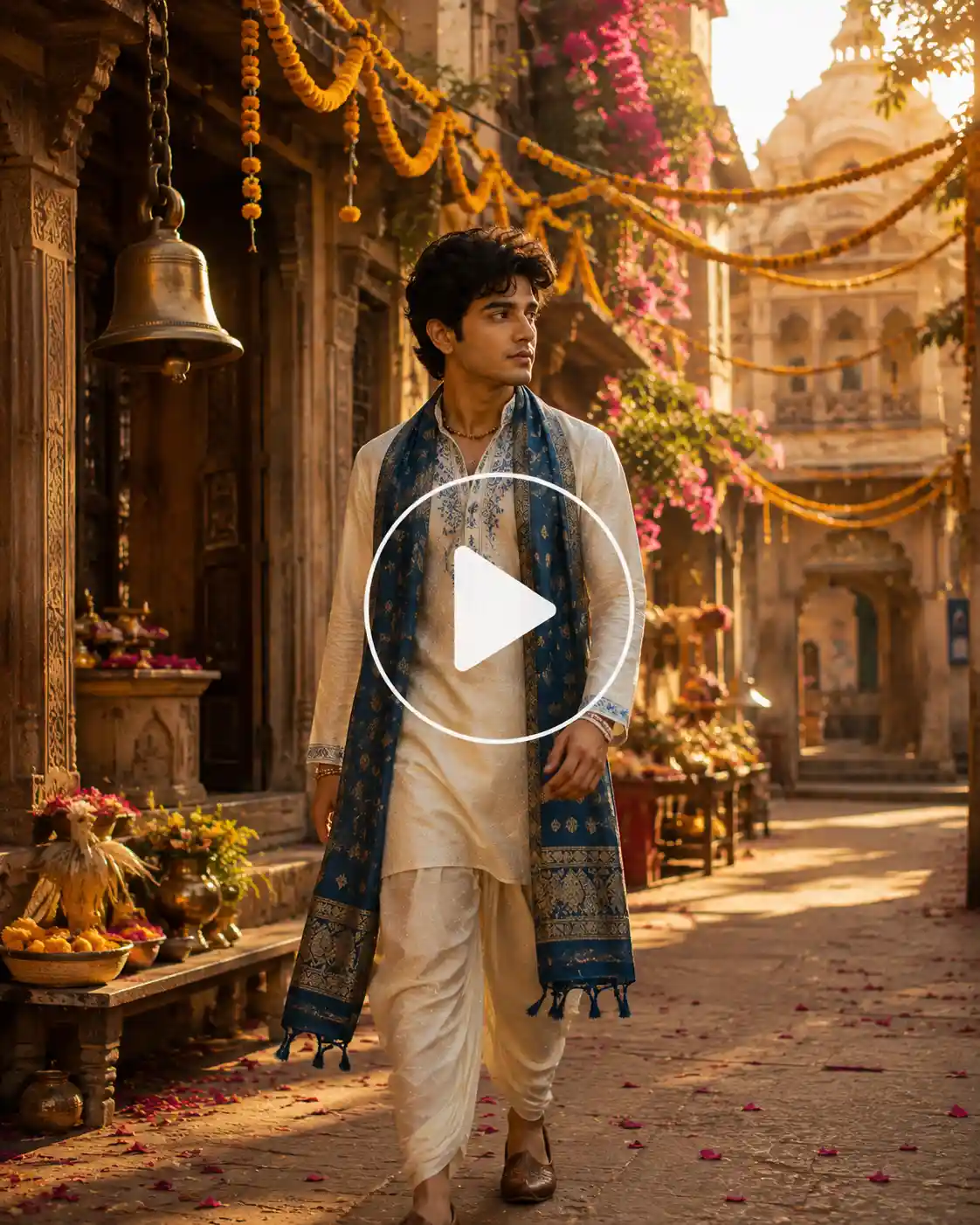 Young man in an ivory kurta and peacock blue stole walking through a decorated old Vrindavan lane at golden hour.