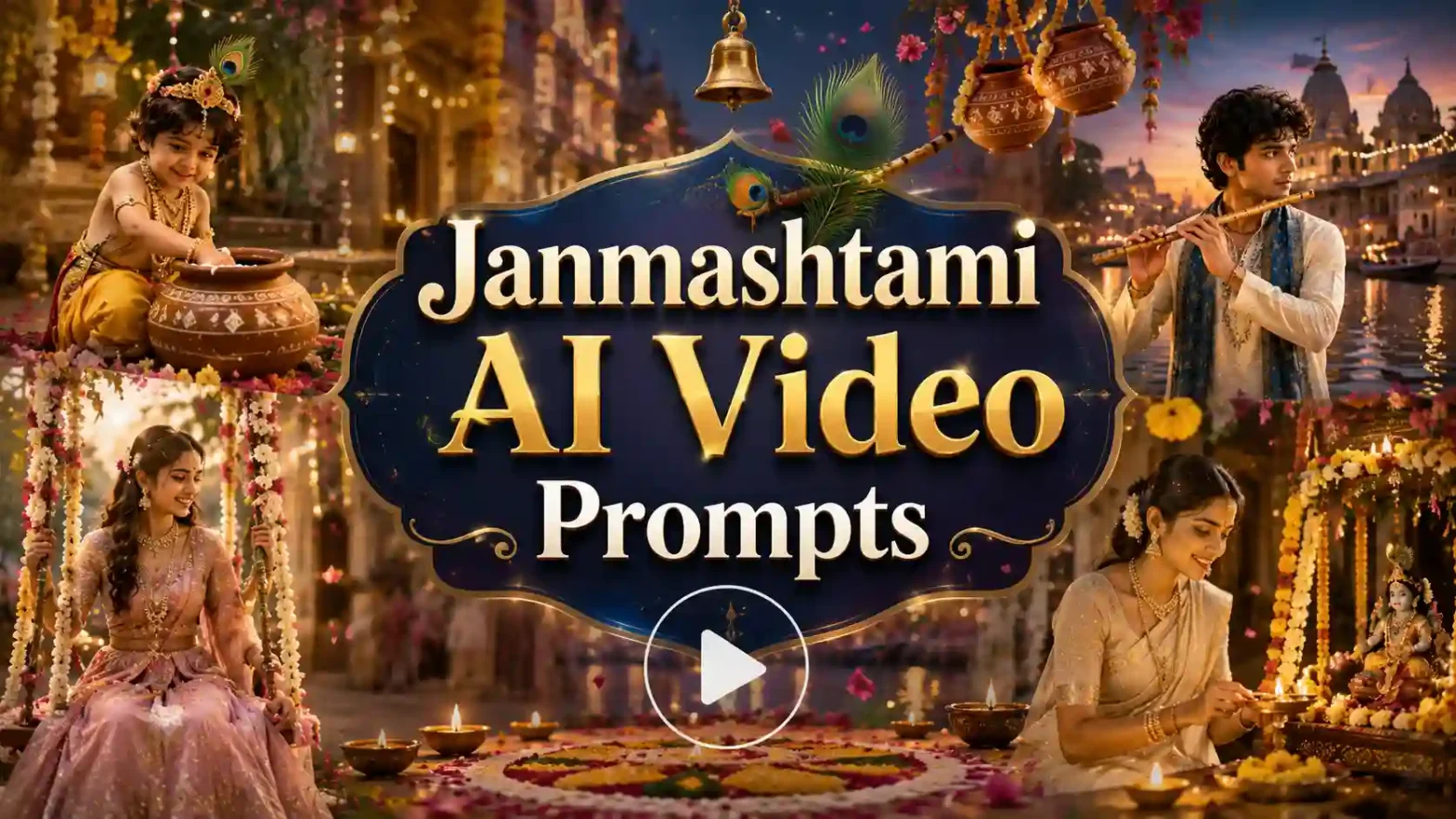 Janmashtami AI Video Prompts banner featuring Krishna-inspired festive scenes with traditional outfits, flowers, diyas, and temple decorations.