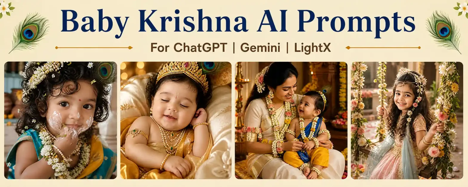 Baby Krishna AI Prompts banner featuring festive Krishna inspired baby photos for creating Janmashtami images.