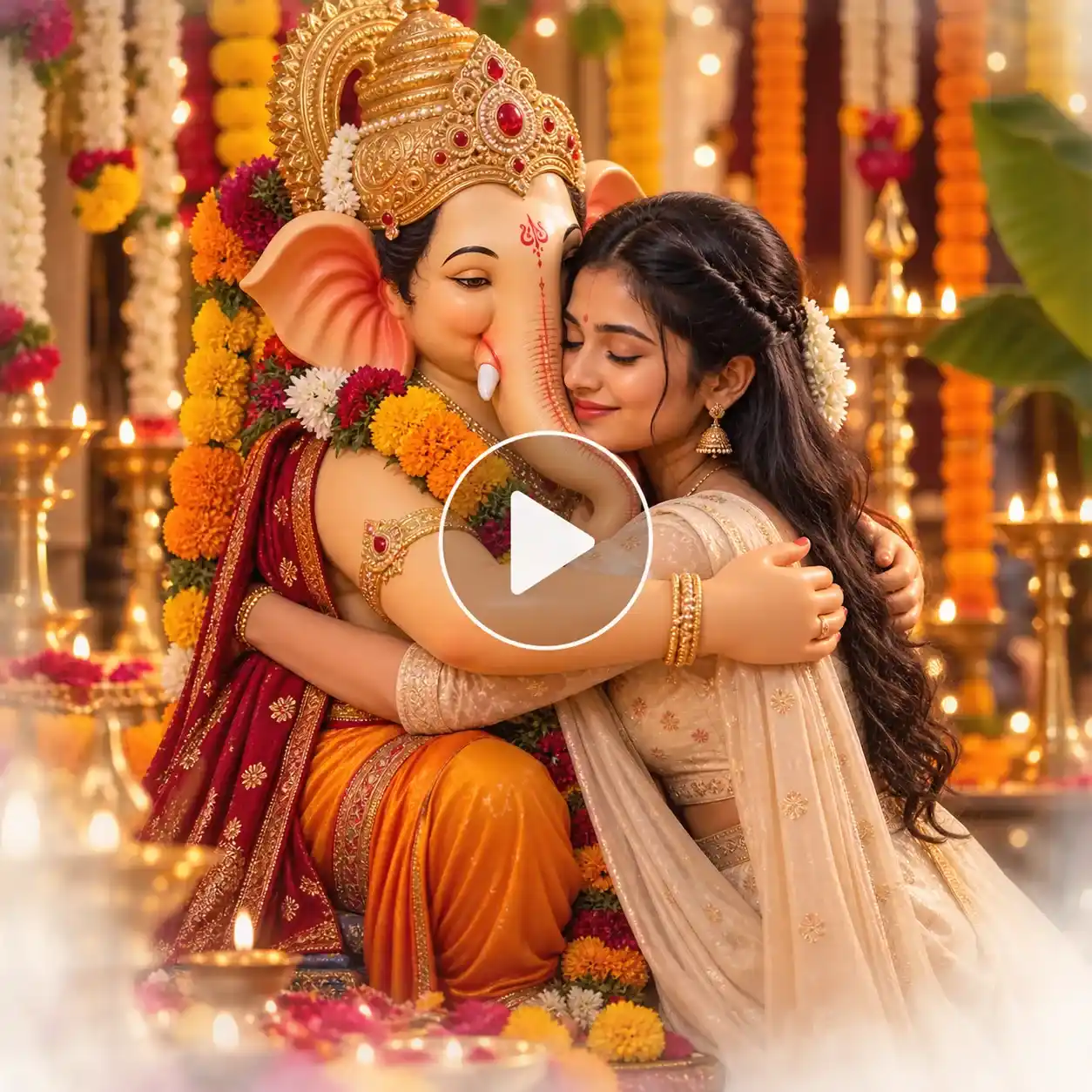 Young woman sharing a warm hug with Lord Ganesha during Ganesh Chaturthi.