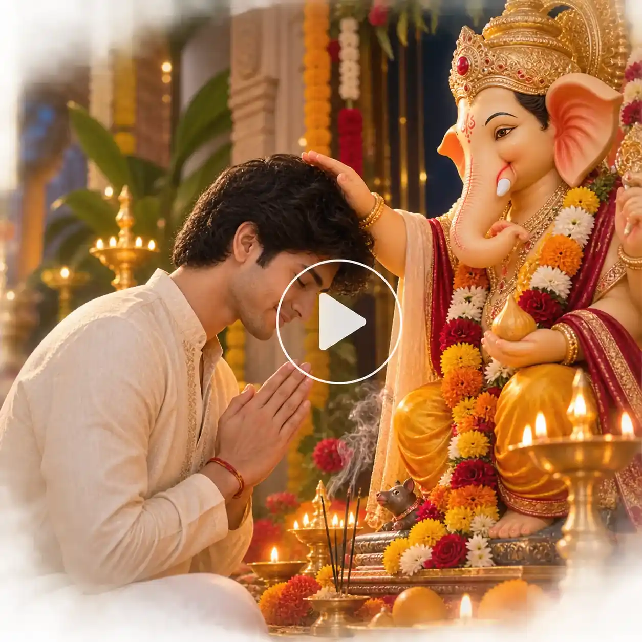 Young man receiving blessings from Lord Ganesha with folded hands.