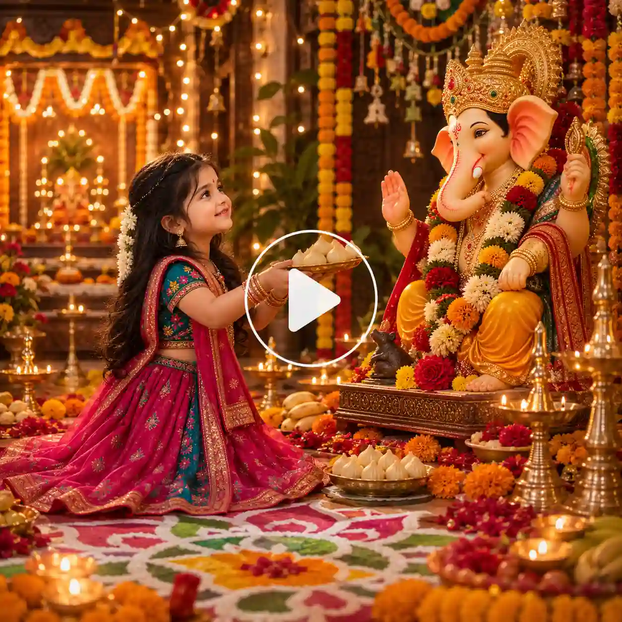 Little girl offering a plate of modaks to Lord Ganesha.