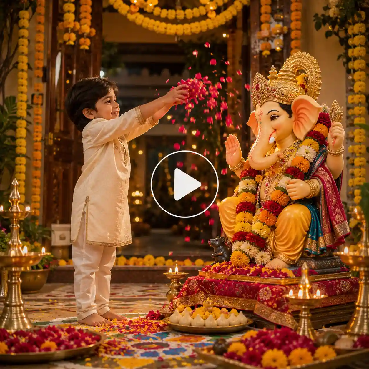 Little boy welcoming Lord Ganesha home with flowers.