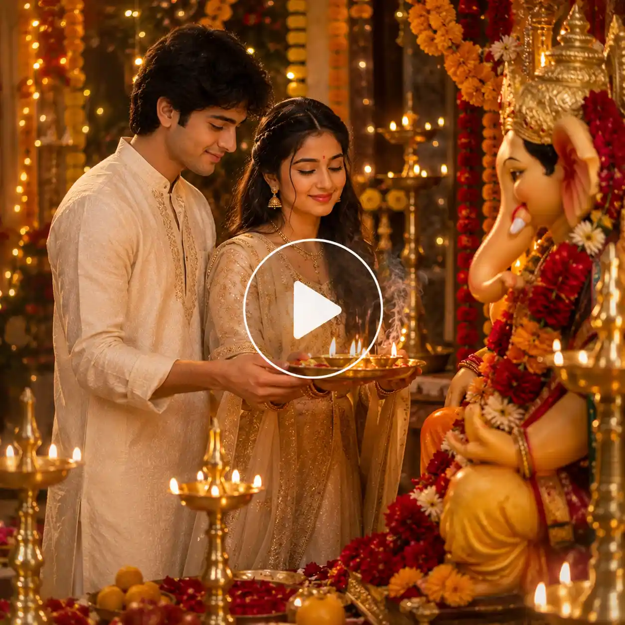 Couple performing aarti together in front of Lord Ganesha.