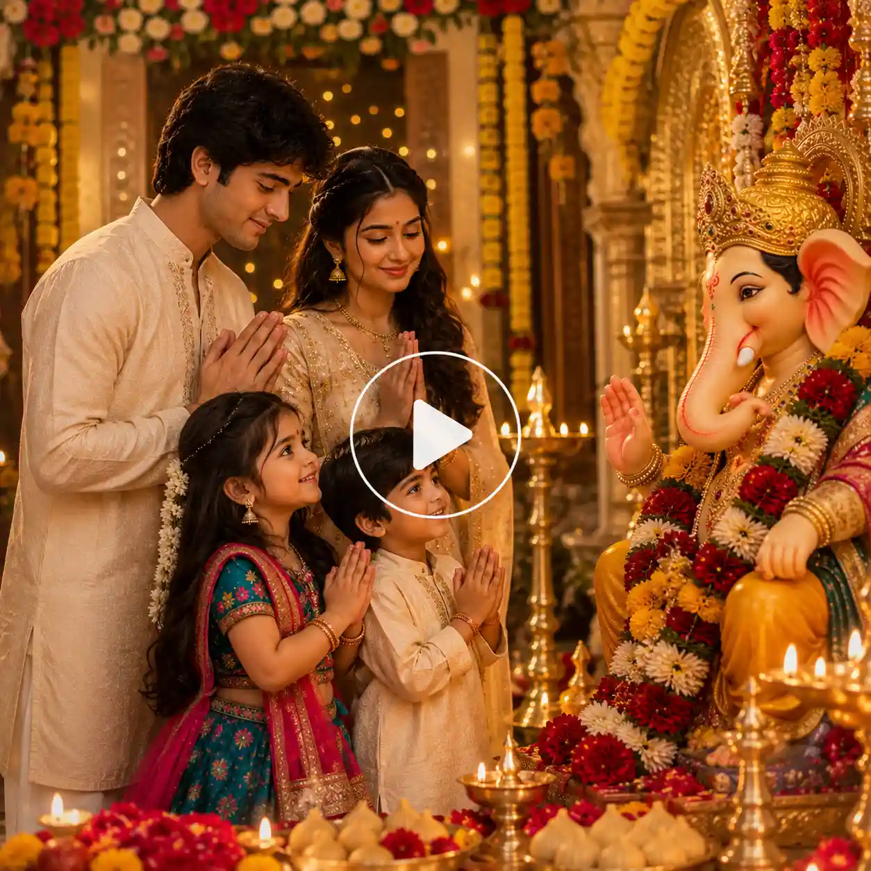 Family praying together during Ganpati darshan.