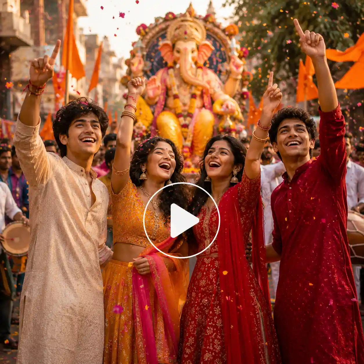 Group of friends celebrating Ganesh Chaturthi with dhol-tasha and Bappa.