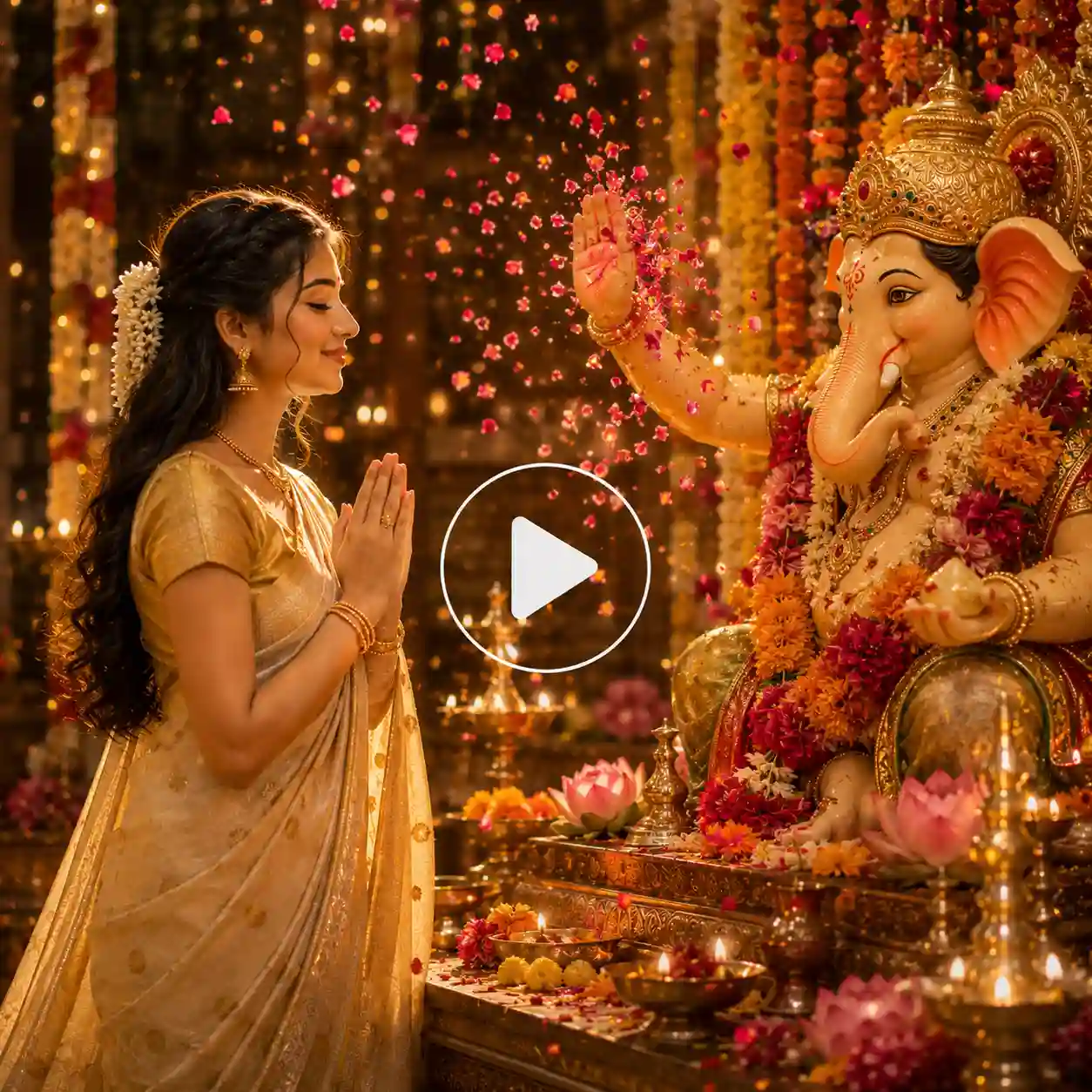 Young woman receiving Lord Ganesha’s blessings as flower petals fall around her.