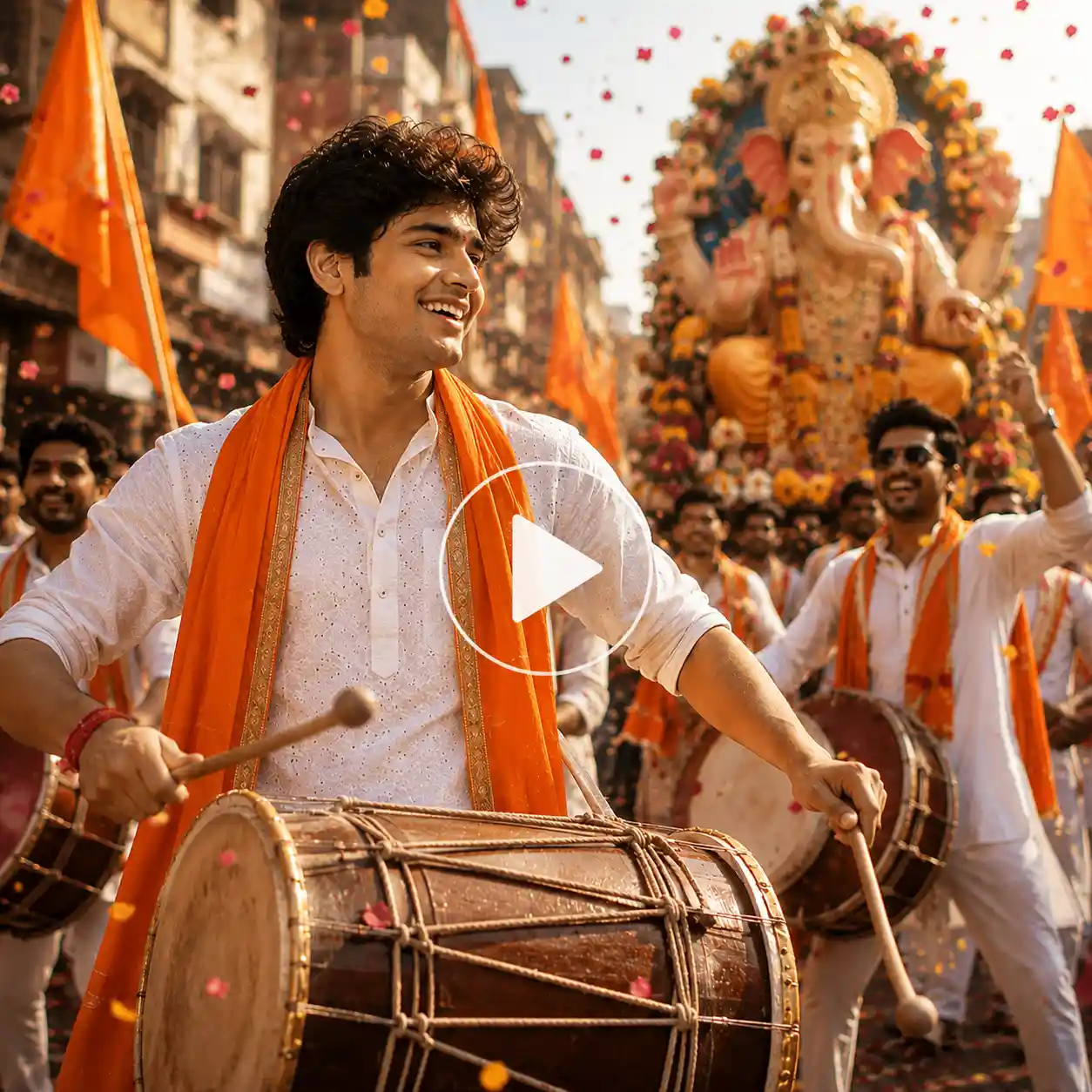 Young man playing dhol during a lively Ganpati celebration.