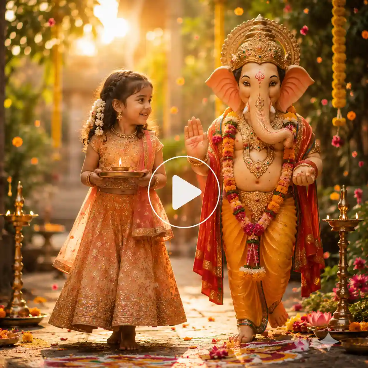 Little girl happily walking beside Lord Ganesha during Ganesh Chaturthi.