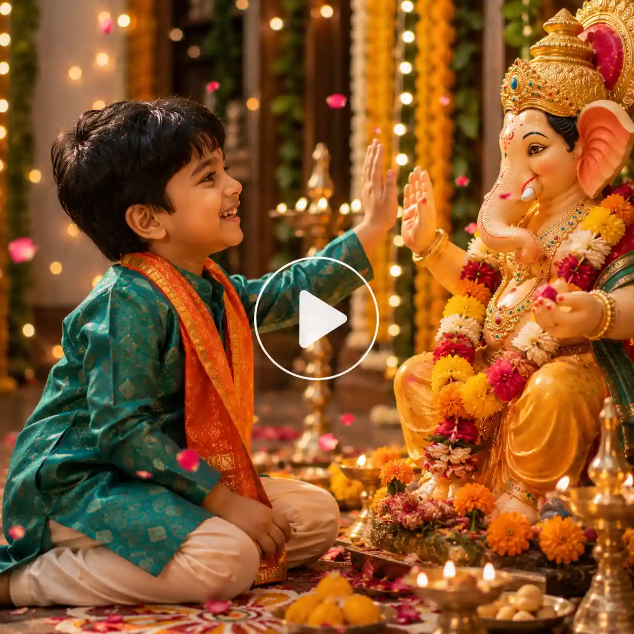 Little boy sharing a playful high-five moment with Lord Ganesha.