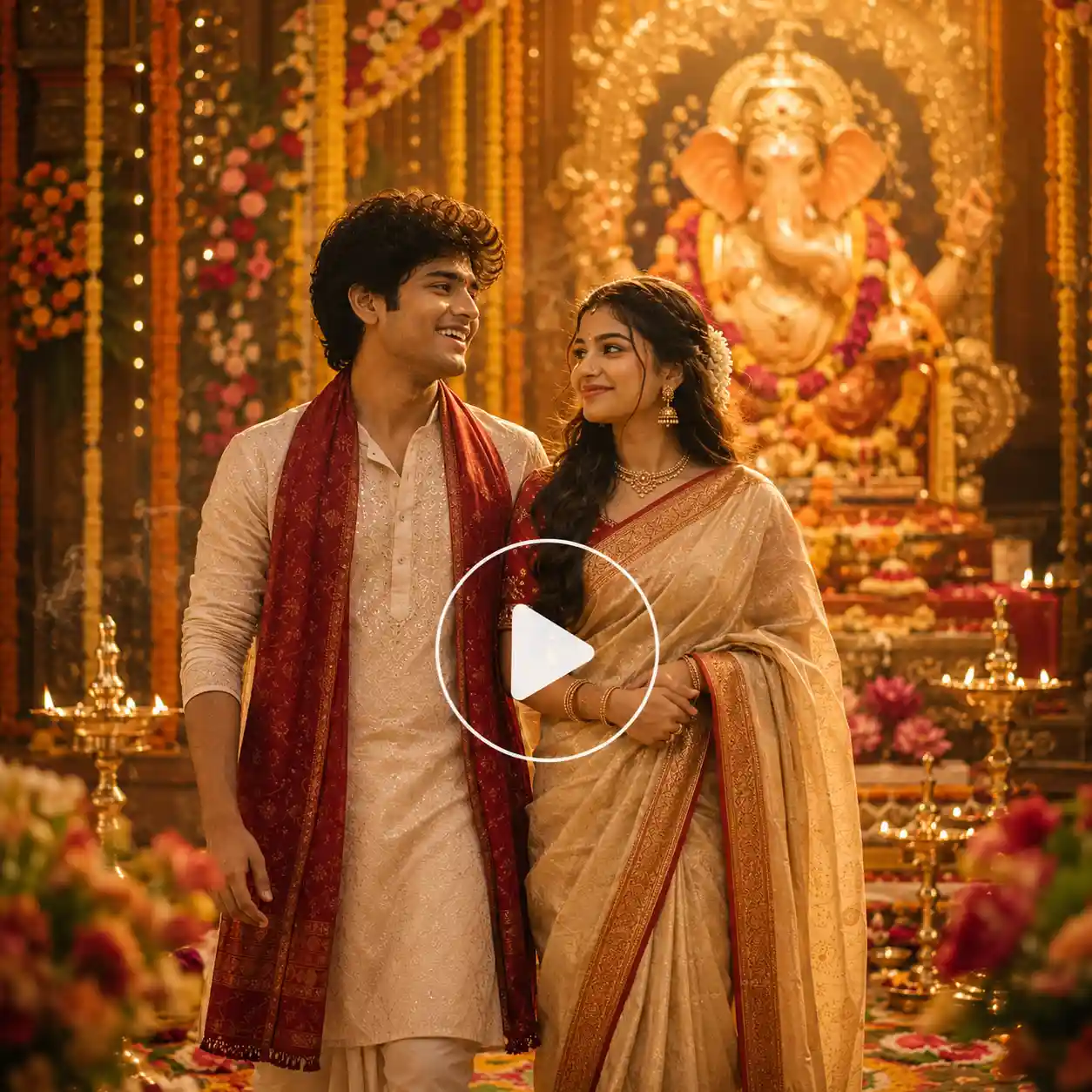 Couple offering prayers together at a beautifully decorated Ganpati pandal.
