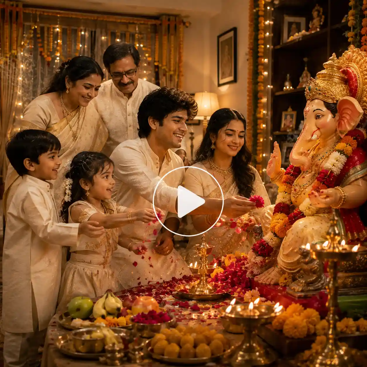 Family welcoming Lord Ganesha into their home for Ganesh Chaturthi.