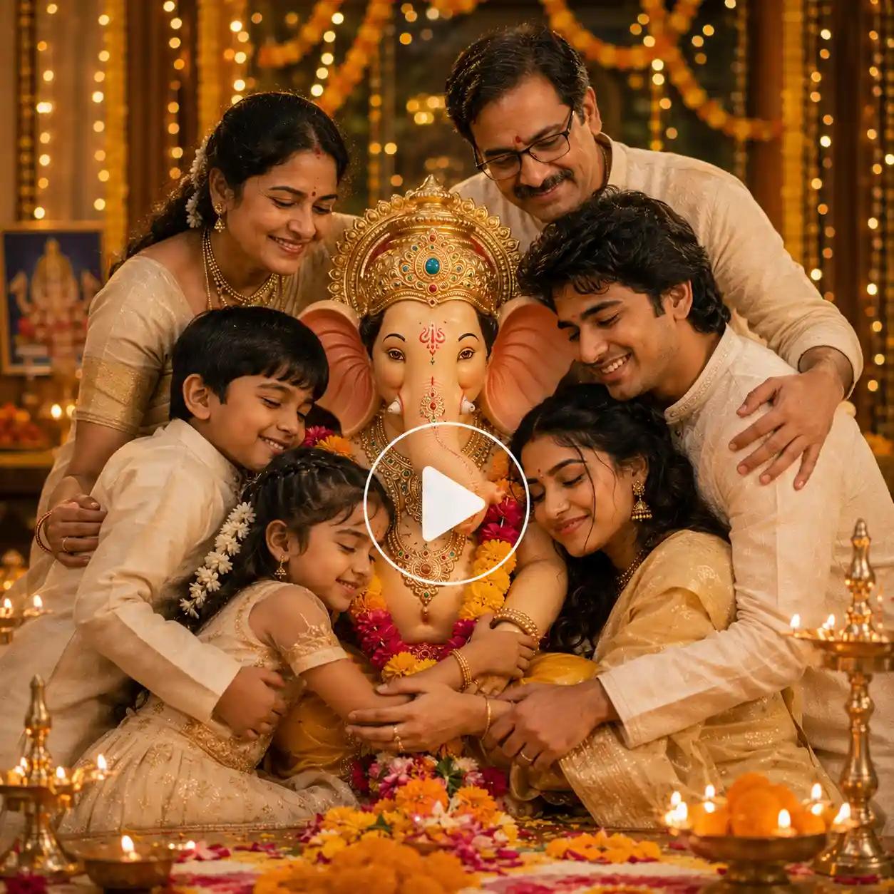 Family sharing a warm and joyful moment with Lord Ganesha during Ganesh Chaturthi.