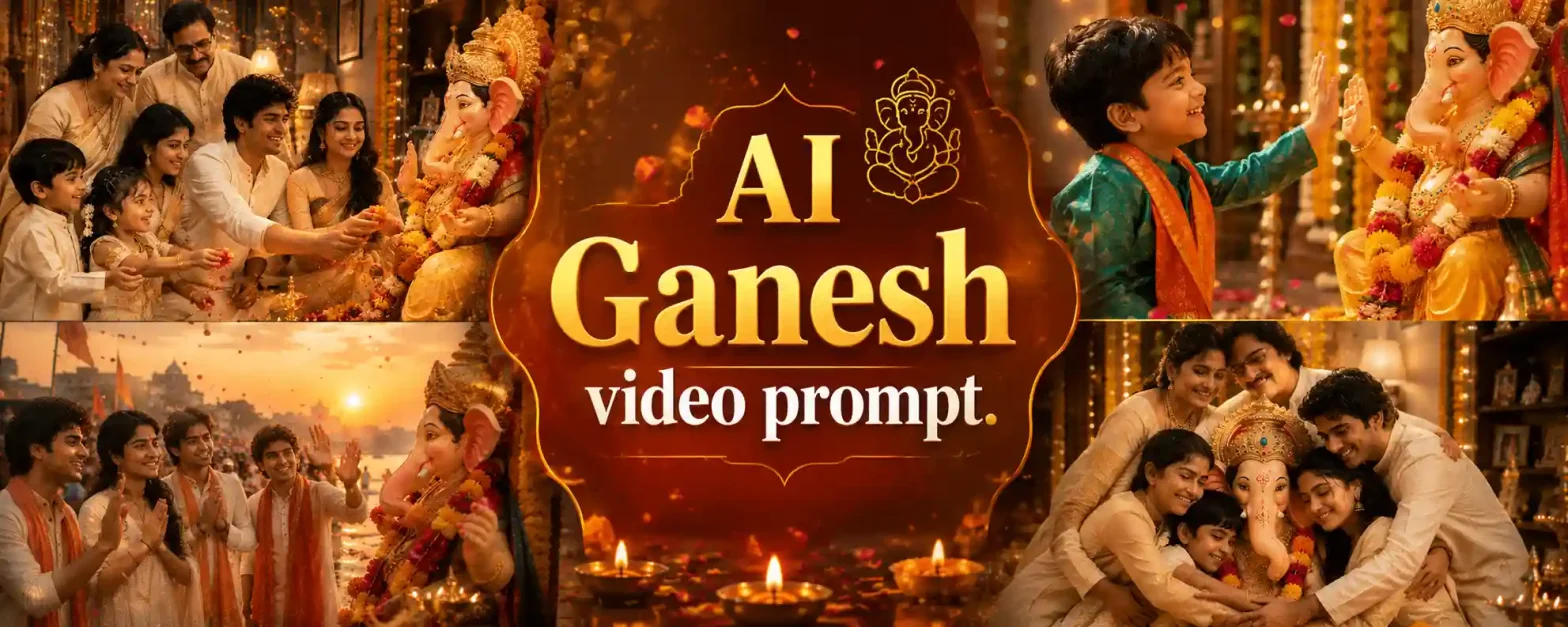 AI Ganesh video prompt banner featuring kids families and young adults celebrating Ganesh Chaturthi with Lord Ganesha.